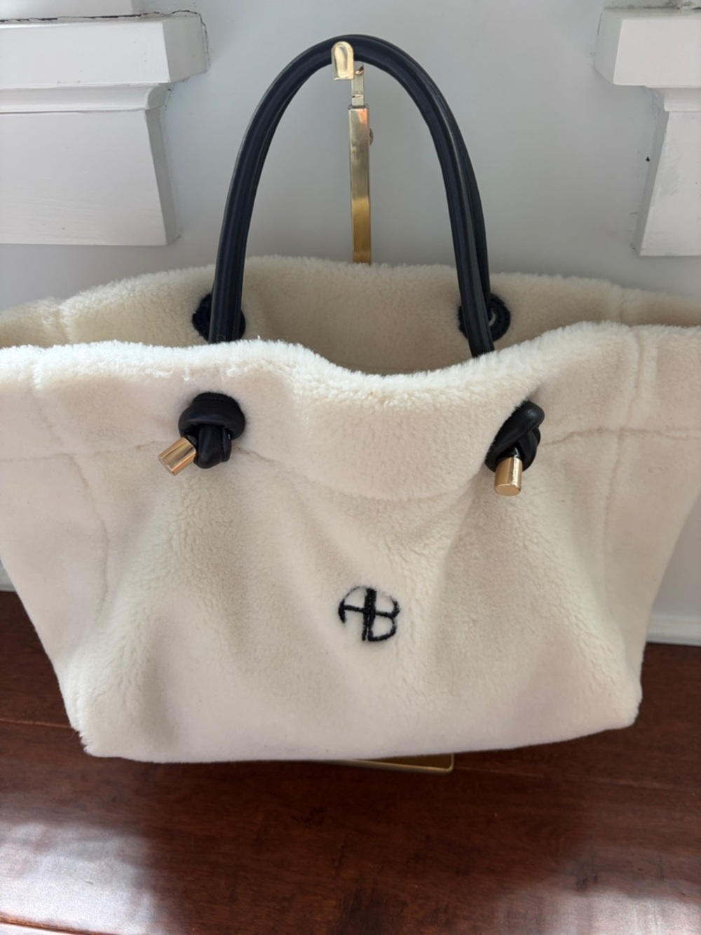 Anine Bing Cream Faux Fur Tote with Black Handles
